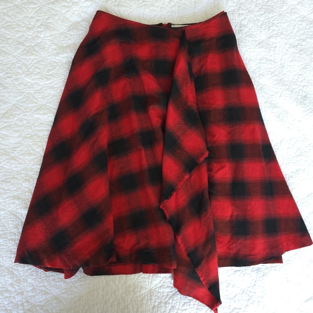 Vicolo Italian Buffalo Plaid Circle A-Line Drape Skirt - Red Buffalo Plaid